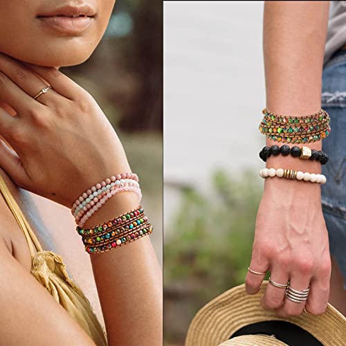 Plumiss Women Boho Handmade Natural Stone Crystal Leather Bead Wrap Bracelets Collection - style: Colorful Jasper 3w
