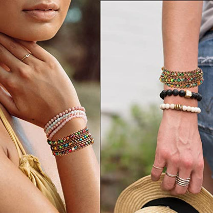 Plumiss Women Boho Handmade Natural Stone Crystal Leather Bead Wrap Bracelets Collection - style: Colorful Jasper 3w