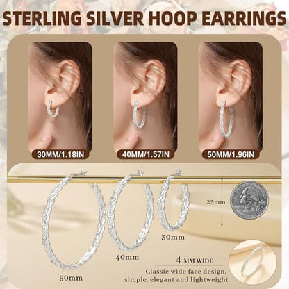 Senteria Silver Twisted Hoops Earring for Women Hypoallergenic Sterling Silver Post Hoop Earrings with AAA+ Cubic Zirconia 14K Gold Plated Hoop Earrings for Women 30/40/50MM - color: Silver-40MM