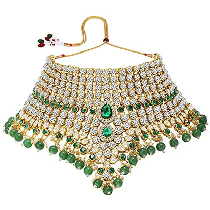 Aheli Bollywood Style Indian Bridal Choker Necklace Matha Patti Nose Ring Haath Phool Wedding Fashion Bharatanatyam jewellery set for Women - color: Green 2