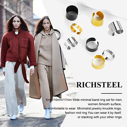 Stainless Steel Open Band Ring for Men Women 18K Gold/Black Plated Brush/Smooth Surface Rings Set Minimalist Jewelry(with Gift Box) - color: 05-Black 5mm Smooth Surface