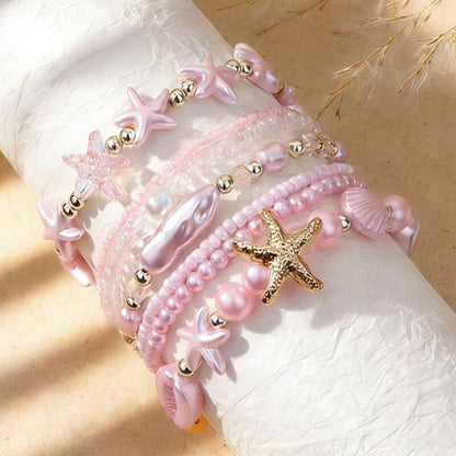 Boho Stackable Beaded Bracelet Set, Pink, Starfish Shell Pearl Charms, Elastic Handmade Layered Stretch Bracelets, Summer Beach Holiday Jewelry for Women - color: Pink E