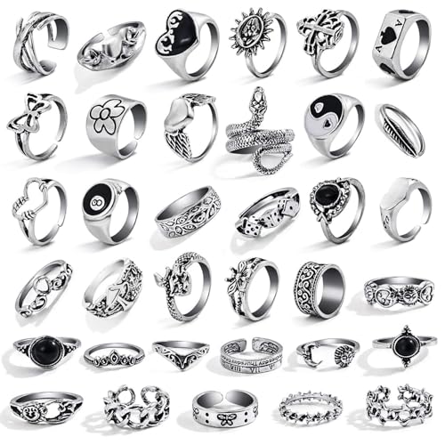 17IF 26-35 Pcs Vintage Silver Knuckle Ring Set for Women Men, Gothic Rings | Grunge Chunky Aesthetic Snake Stackable Adjustable Punk Bulky Finger Alt Fairy Skull Frog Heart Star Flower Midi Ring Pack - style: 35 Pcs
