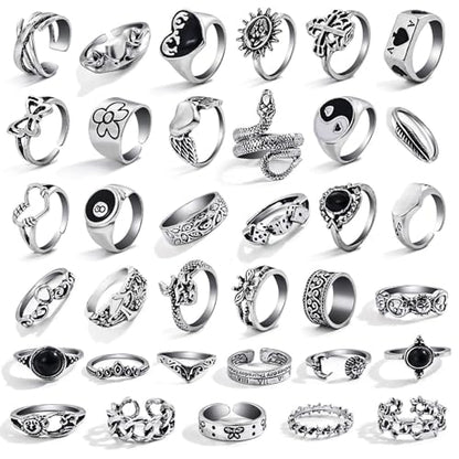 17IF 26-35 Pcs Vintage Silver Knuckle Ring Set for Women Men, Gothic Rings | Grunge Chunky Aesthetic Snake Stackable Adjustable Punk Bulky Finger Alt Fairy Skull Frog Heart Star Flower Midi Ring Pack - style: 35 Pcs