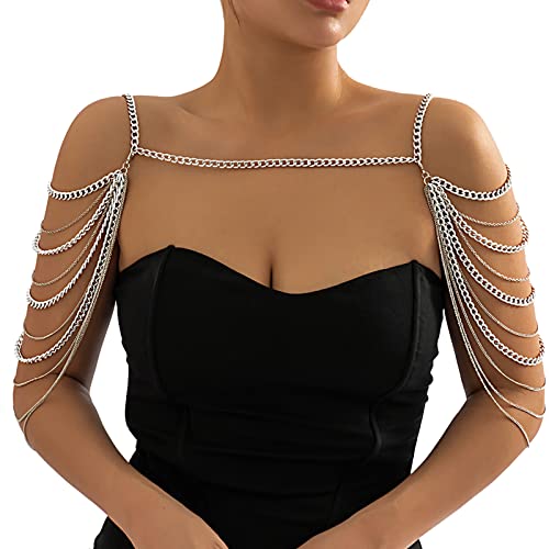 Summer Beach Punk Shoulder Body Chain Multi-Layered Back Chain Bikini Metal Tassel Arm Chain Statement Bridal Wedding Backdrop Necklace Body Chain Jewelry for Women - color: Siler