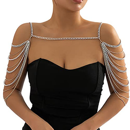 Summer Beach Punk Shoulder Body Chain Multi-Layered Back Chain Bikini Metal Tassel Arm Chain Statement Bridal Wedding Backdrop Necklace Body Chain Jewelry for Women - color: Siler