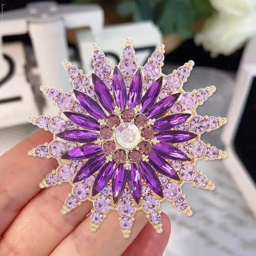 QCWN Large Flower Brooches and Pins for Women Vintage Rhinestone Sunflower Brooch Costume Jewelry Lapel Hat Pins for Wedding Dresses Bouquet Gifts - style: 1Pcs Purple Sunflower