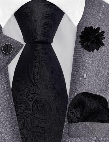 GUSLESON 3.15"（8cm） Mens Tie and Lapel Pin Paisley Necktie Hankerchief Cufflinks Set for Men - color: Black