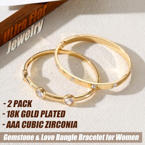 3 Pack Classic Gold Bangle Bracelet Set for Women Stackable Jewelry | 18K Gold Plated AAA Cubic Zirconia Unique Design Fits Most Wrists Simple Styling Long Lasting Luster Waterproof Non Tarnish - color: 2 Pack-Gemstone & Love
