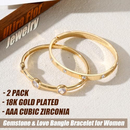 3 Pack Classic Gold Bangle Bracelet Set for Women Stackable Jewelry | 18K Gold Plated AAA Cubic Zirconia Unique Design Fits Most Wrists Simple Styling Long Lasting Luster Waterproof Non Tarnish - color: 2 Pack-Gemstone & Love