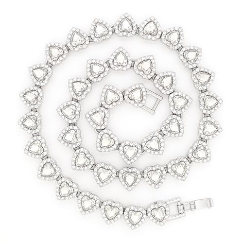 fasone Rhinestone Hearts Necklace, Iced Out Hearts Jewelry，Silver Tennis Necklace For Women，Tennis Necklaces For Women, Heart Tennis Necklace - color: White_17.7inch