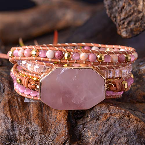 YGLINE Boho Handmade Natural Stone Wrap Bracelets Jasper Crystal Beads Bracelet Jewelry - color: pink crystal