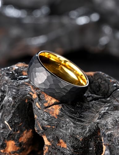 King Will Men's Tungsten Carbide Wedding Ring Hammered Groove Wedding Band Mens Two Tone Engagement Ring for Men and Women Matte Brushed Finish Comfort Fit - color: 8MM Gold-Black