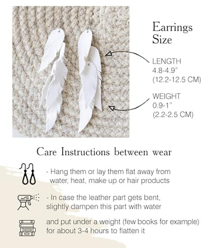 Leather Feather Earrings, Suede layered earrings, boho wedding jewelry, summer earrings, gift for her, dangle earrings - color: white
