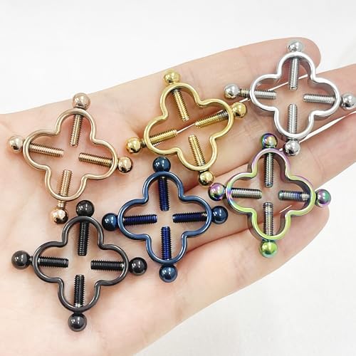 2Pcs Four Leaf Clover Non-Piercing Nipple Rings Stainless Steel Fake Nipple Rings Shield Barbell Ring Nipple Piercing Summer Beach Faux Body Jewelry for Women - color: Blue