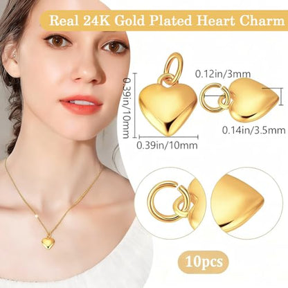 Beebeecraft 10Pcs Tiny Gold Heart Charms 24K Gold Plated Brass Puffy Heart Charms Valentine Hearts Charm for Jewelry Making DIY Crafts Dangle Earring Bracelet Supplies - color: Gold