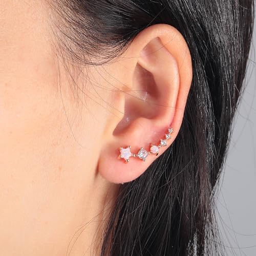 CiNily Star Opal Ear Cuffs Climber Earrings, 14K Gold CZ Ear Crawler Earrings for Women Small Cartilage Stud Earrings Fashion Hypoallergenic Jewelry Christmas Day Gifts, White Gold, Rose Gold - color: Rose Gold-Pink Opal, size: Star Opal