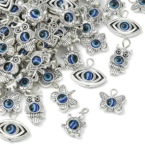 LiQunSweet 100 Pcs Mixed Shapes Turtle Elephant Butterfly Owl Animal Evil Eye Charms for Jewelry Making Bracelet Earrings Necklace DIY Craft - color: Animal Evil Eye Charms_100 Pcs