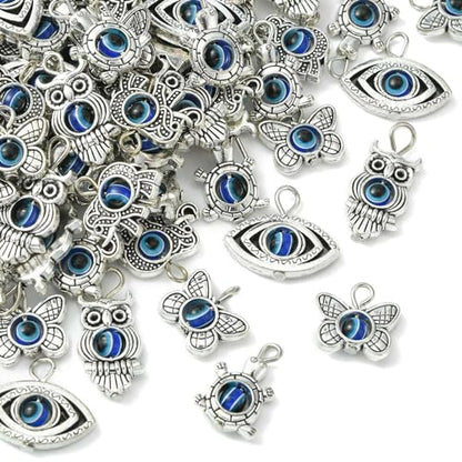 LiQunSweet 100 Pcs Mixed Shapes Turtle Elephant Butterfly Owl Animal Evil Eye Charms for Jewelry Making Bracelet Earrings Necklace DIY Craft - color: Animal Evil Eye Charms_100 Pcs