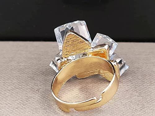 Hebelee Boho Square Crystal Statement Ring for Women Adjustable | Gold-Toned Expandable Promise Engagement Geometric Rings Comfort Fit Elegant Art Deco Christmas Cocktail Y2K Jewelry - color: White