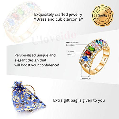 Uloveido Beautiful Women's 7 Stones Wedding Band Oval Cubic Zirconia Engagement Anniversary Rings J501 - color: Gold-Rainbow