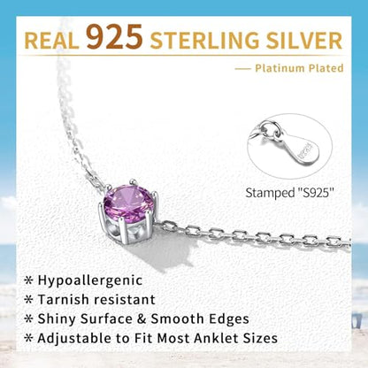 ChicSilver 925 Sterling Silver Anklets for Women, Simple Dainty Round/Heart Birthstone Ankle Bracelet Beach Foot Jewelry, 8.7-10.7 Inch Adjustable - color: 06. Round - June(Alexandrite)