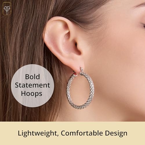 925 Sterling Silver Hypoallergenic Chunky Hoop Earrings for Women | Anti Tarnish Hoops in Various Styles by MAX + STONE - style: Crosshatched Hoops