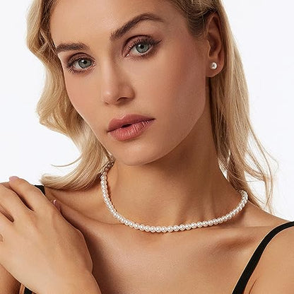 LULII Pearl Necklaces for Women 14K Gold Plated Dainty Layered Single Pearl Necklace Simple Daisy Pearls Choker Cute Gold Necklace Stack Jewelry Sets for Women Trendy Gifts - color: Pearl Necklace and Earring Set