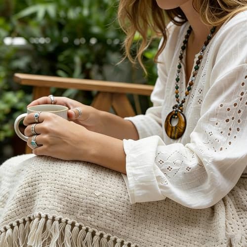 Yomisa Long Necklaces for Women Trendy, 33/34/35 inch | Boho Beaded Necklaces for Women, Natural Stone Pendant, Handmade Knotted Bead, Bohemian Holiday Summer Western Charm Jewelry - color: 33inch-Tiger Eye