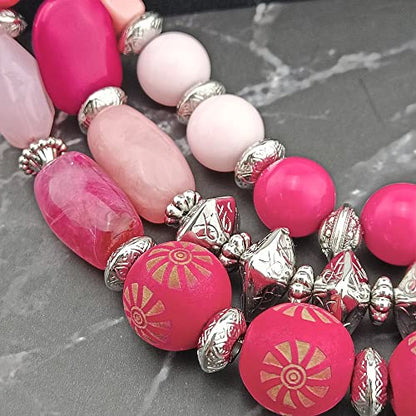 Bocar 3 Layer Chunky Statement Beaded Necklace and Earrings Set, Fashion Multi Layer Women Collar Necklace Jewelry Set - color: Bright Rose-Sliver