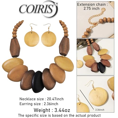 Coiris Chunky Wooden Necklace and Earring Set for Women Boho Statement Jewelry Ethnic Accessories - color: Classic