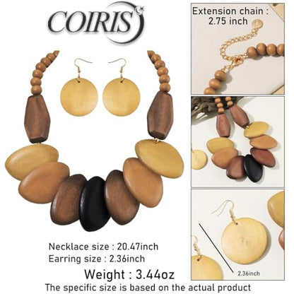 Coiris Chunky Wooden Necklace and Earring Set for Women Boho Statement Jewelry Ethnic Accessories - color: Classic