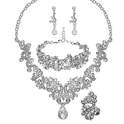 Jewelry Set for Women, Statement Necklace Dangle Earrings Bracelet Ring, White/KC Gold Plated Jewelry Set with Rhinestone Pearl Crystal Wedding Party Jewelry for Bridal Bridesmaid - color: Set001-Style2-White-Platinum Plated