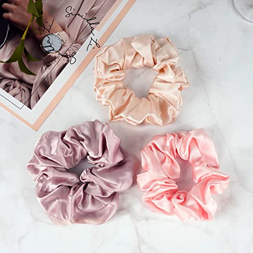 OLESILK 100% Mulberry Silk-Scrunchies for Hair Sleep, Women Grils Silk Hair Ties for Frizz & Breakage Curly Hair, No Damage, Elastics Ponytail Holder, 3 Pack - color: 3pcs, Pink-Light Plum-Co Co