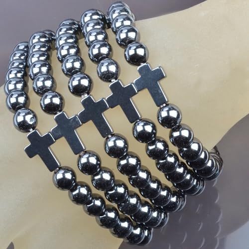 MASSIVE BEADS Handmade Yoga Stretch Elastic Bracelet Natural Stone Crystal Healing Power Energy Gifts for Unisex Adult 4mm 6mm 8mm 10mm - color: BELIEF FAITH(Hematite and Cross B), size: 8mm
