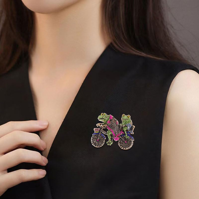 2Pcs Two Frogs Riding Bike Brooch Vintage-Inspired Sparkling Rhinestone Animal Brooch Pin Fashion Accessory