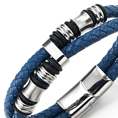 COOLSTEELANDBEYOND Mens Double-Row Braided Leather Bracelet Bangle Wristband with Black Stainless Steel Ornaments - color: E-Blue Silver