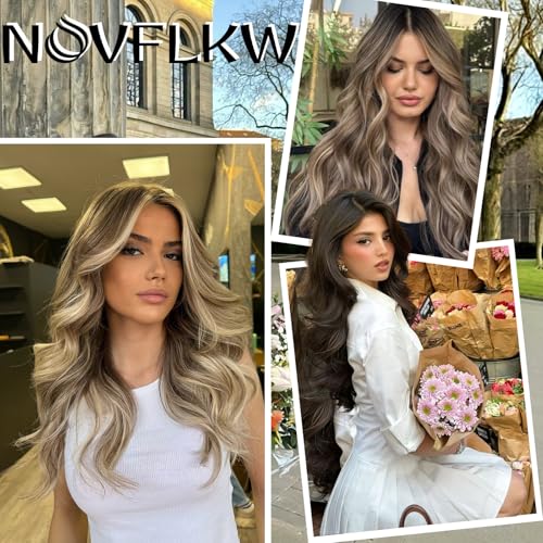 Ash Brown Halo Hair Extensions with Beach Blonde Highlights | 20 Inch Wavy Synthetic Fiber with Invisible Wire and 4 Secure Clips for Easy Daily Styling and Party Wear - color: Ash Brown with Beach Blonde