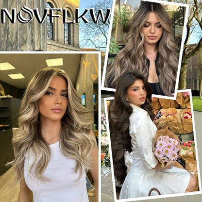 Ash Brown Halo Hair Extensions with Beach Blonde Highlights | 20 Inch Wavy Synthetic Fiber with Invisible Wire and 4 Secure Clips for Easy Daily Styling and Party Wear - color: Ash Brown with Beach Blonde
