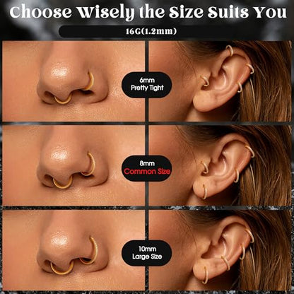 FASACCO 20G 18G 16G Cartilage Hoop Earring 316L Surgical Steel Silver Huggie Hoop Earrings Hypoallergenic Hinged Segment Rings Septum Nose Hoops Daith Conch Helix Tragus Piercing Jewelry 6mm/8mm/10mm - style: Gold-16G-6MM