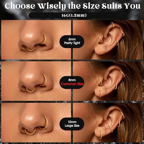 FASACCO 20G 18G 16G Cartilage Hoop Earring 316L Surgical Steel Silver Huggie Hoop Earrings Hypoallergenic Hinged Segment Rings Septum Nose Hoops Daith Conch Helix Tragus Piercing Jewelry 6mm/8mm/10mm - style: Gold-16G-10MM