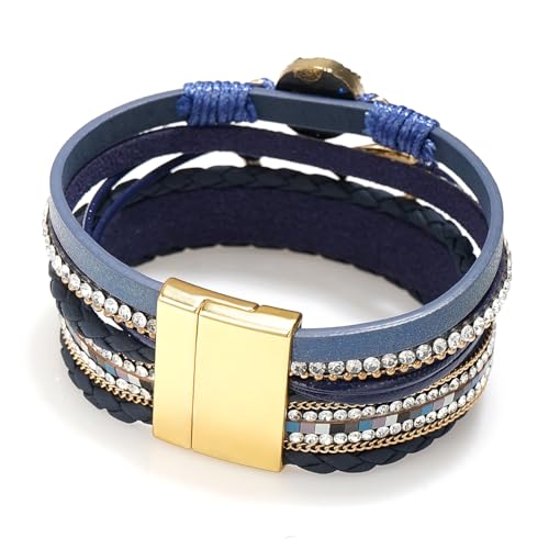 Suyi Multilayer Leather Wrap Bracelet Heart-Shape Wide Bracelets for Women - color: Blue