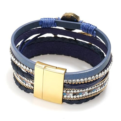 Suyi Multilayer Leather Wrap Bracelet Heart-Shape Wide Bracelets for Women - color: Blue