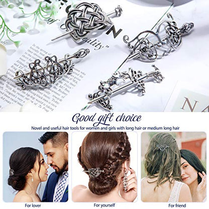 Syhood 6 Pieces Vintage Silver Celtic Hair Slide Hairpin Celtic Knot Hair Stick Creative Barrette Metal Stick Clips Hairpin Accessories for Women - style: Elegant