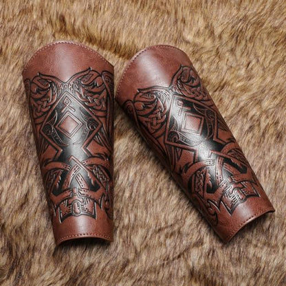 Medieval Leather Bracers Dragon Embossed Viking Leather Bracers Leather Arm Armer Cuff Leather Gauntlet Costumes Accessories - style: Viking Angle Wings Leather Bracers-light Brown