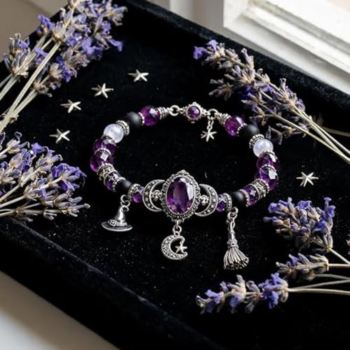 Witch's Crystal Moon Charm Bracelet, Purple Beaded Mystic Witch Jewelry, Mystic Crystal Moon Charm Bracelet, Magical Style - color: 3pcs