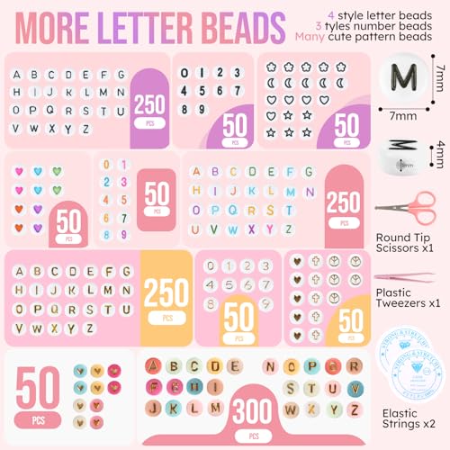 Pizooro Friendship Bracelet Kit, 28 Colors 5040 Pcs Clay Beads 1200 Pcs Letter Beads for Bracelets Making,4 Styles Round Alphabet,Number,Heart,Pattern Beads,Jewelry Craft Kits Gift - color: Rainbow