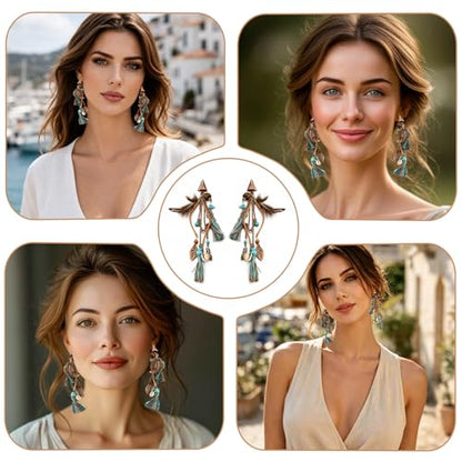 1 Pair Long Boho Feather Tassel Earrings for Women, Dangle Drop Vintage Ethnic Tribal Statement Jewelry Accessory