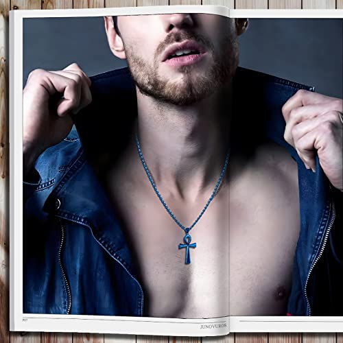 JUNOVUROS 18 to 28 Inches Rolo Chain Ancient Ankh Cross Pendant Necklace for Men Women Boys Girls 316L Stainless Steel with Large And Medium Sizes - color: H-Blue/Size:1.77 '' * 0.98 ", style: 20 Inches