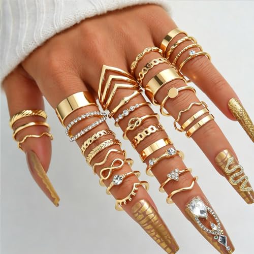 57 Pcs Gold Jewelry Set for Women,12 Pair Hoop Earrings，18 Pair Round Stud Earrings,21 Pcs Stackable Knuckle Rings,6 Pcs MultiLayer Pendant Necklaces，Fashion Accessories for women Gifts - style: Style 3